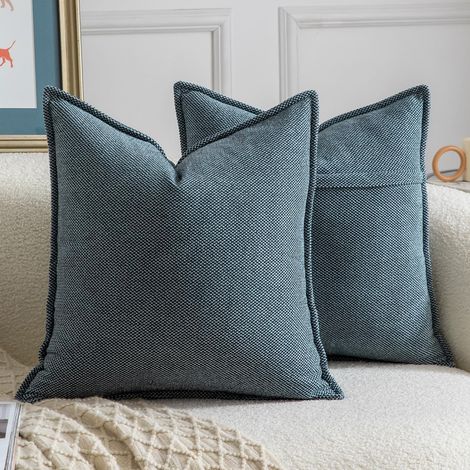 Lot de 2 Housses de coussin, Chenille, Bordure décorative, Doux, Salon Chambre, Bleu, 45x45 cm