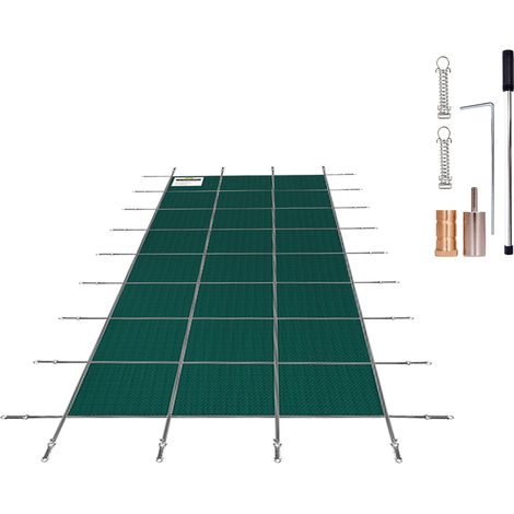 Mophorn 16x40ft Cubierta rectangular de seguridad para piscinas enterradas, agujeros de drenaje, cubierta de malla, protección de invierno, verde, alimentación de 12 V, material de PVC