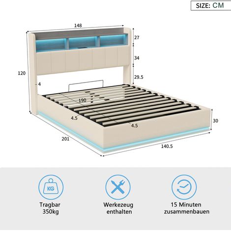 Lit coffre 140x190,lit 140x190 avec sommier, Velours blanc - USB intégré - LED - 3 compartiments de rangement
