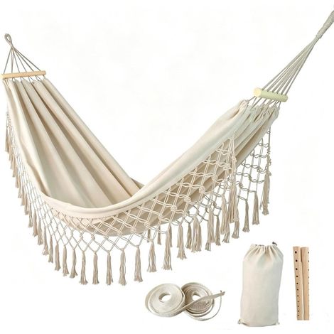 JSSEVN - Hamaca de lona con borlas para terrazas de camping al aire libre, capacidad de carga de 120 kg. (1/5)