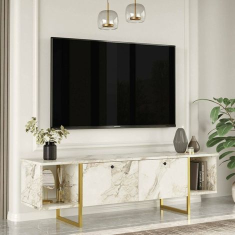 Dmora - Mueble de televisión Dflorian, Aparador de salón, Mueble bajo para TV, Base de pared equipada, 160x40h48 cm, Blanco y Oro (1/5)