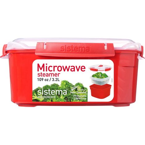 Sistema vaporiera per microonde con cestello removibile  Vaporiera grande da 3,2 l  Priva di BPA  Rosso/trasparente