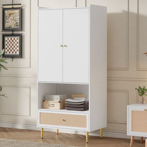 Armadio 2 ante con cassetto in rattan, barra appendiabiti, 80 x 48 x 175 cm, bianco/naturale (1/5)