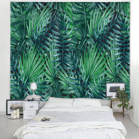 Tapisserie murale décorative représentant une forêt verte, idéale pour le salon ou la chambre. Style bohème, inspirée des mandalas. (1/5)