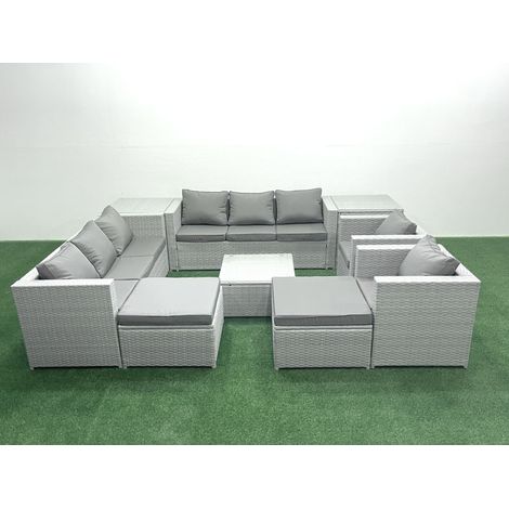 Fimous Rattan Sofa Gartenmöbel Set mit 2 Sesseln Quadratischer Couchtisch 2 hohen Hockern 2 Beistelltischen Hellgrau gemischt (1/5)