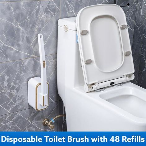Brosse de toilette jetable avec 48 recharges, brosse de cuvette avec support mural, nettoyant anticalcaire (1/5)
