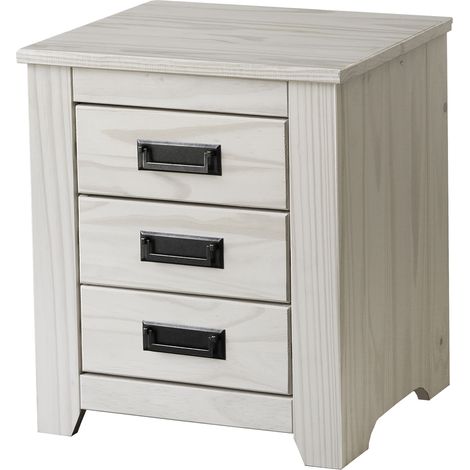 Mesita de madera de madera maciza de 3 cajones. Acabada en blanco lavado. (Alto 50 cm/Ancho 45 cm/Fondo 38 cm) (1/5)