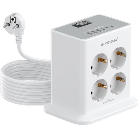 Tour Multiprise 8 Prises avec Interrupteur Anti-Surcharge USB 6 Ports (5 V/4,8 A), Prise Parafoudre Protection Surtension, Rallonge Électrique 2m, pour Maison et Bureau - Blanc (1/5)