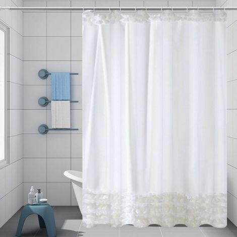 Rideau De Douche - Motif Floral - Volants - Salle De Bain - 180 X 200 Cm - Blanc (1/5)