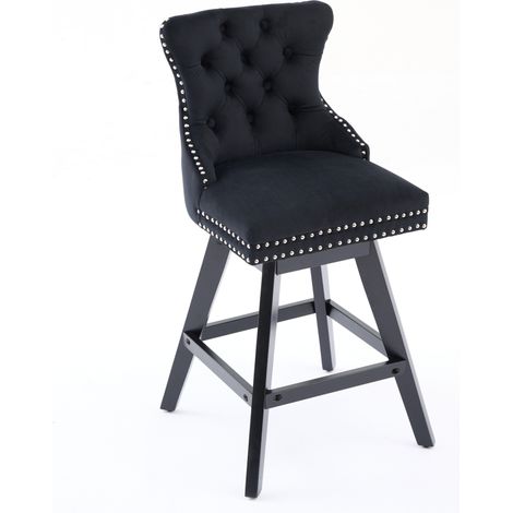 Tabourets de bar pivotants en velours noir avec pieds en bois et finition clous chrome, lot de 2 (1/5)
