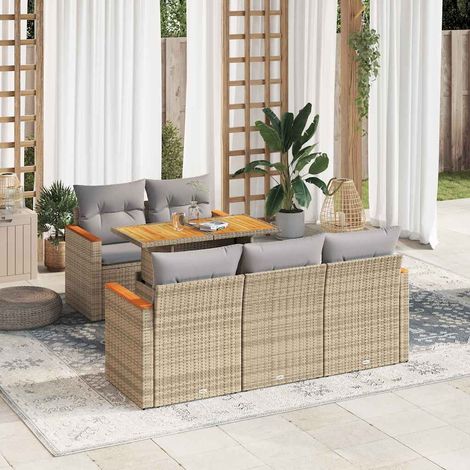 Salon de jardin 6 pcs avec coussins beige résine tressée acacia (1/5)
