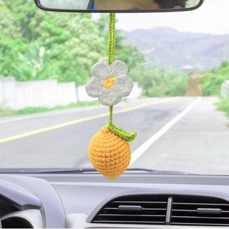 Bonitos colgadores de coche de ganchillo con forma de limón y flor: preciosos colgadores decorativos para el espejo retrovisor, hechos a mano (1/5)