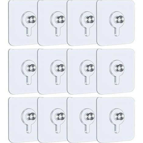 12 Pcs Adhesive Wall Picture Hooks, 5.5 x 5.5 cm Picture Hooks No Drilling with Detachable Screws, Transparent Adhesive Hooks for Photo Frames Posters Paintings (1/5)