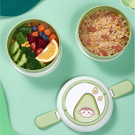 Boîte à lunch empilable, motif fruits mignons de dessin animé, double compartiment avec poignée, idéale pour les étudiants, le bureau, l'école ou la maison, motif avocat. (1/5)