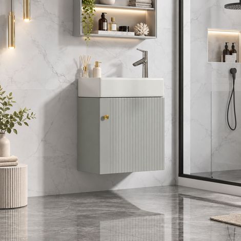 Meuble salle de bain suspendu 46 cm avec vasque céramique, meuble sous vasque gris et blanc MDF, Soft-Close, profondeur 26 cm (1/5)