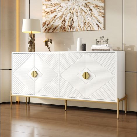 Aparador 162x40x80 cm blanco en MDF y tablero de partículas con 4 puertas y patas metálicas doradas (1/5)