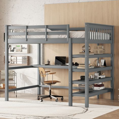 Lit mezzanine 140x200 avec bureau et étagères, pin gris OKMYHOME (1/5)