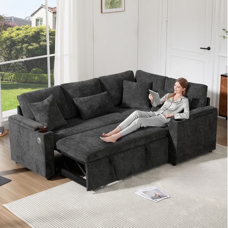 Canapé d’angle convertible in chenille grigio scuro 206,5x141x86 cm con récamiere destra e contenitore (1/5)