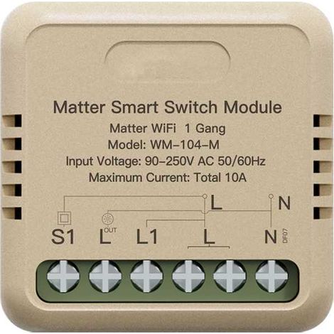 Relè Passo Passo Mini Interruttore Matter WiFi 2.4G, 10A TUYA, Compatibile Apple Home, Google Home, Alexa, SmartThings, 2200W, AC 90-250V 50/60Hz, 40x40x18mm, IP20
