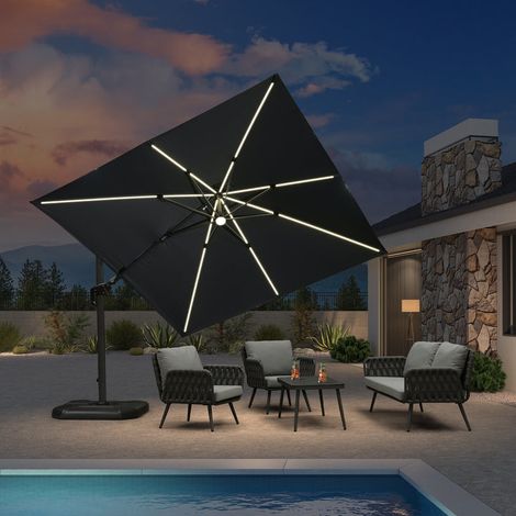 PURPLE LEAF Parasol Déporté en Aluminium 3 × 3 M Carré avec LED, Parasol de Jardin Extérieur Inclinable de Gauche à Droite, Adapté pour Balcon, Piscine, Terrasse, Gris