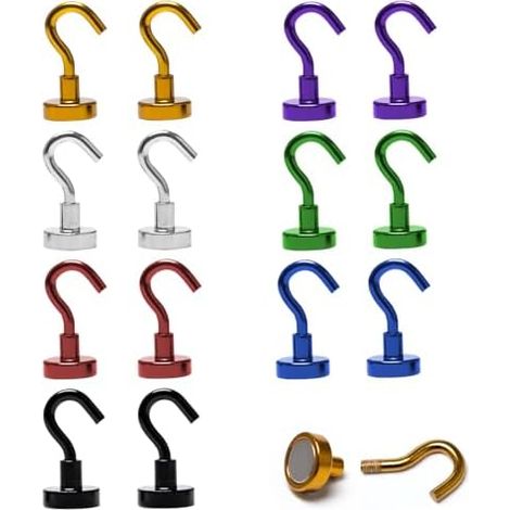 14 Pièces Crochet Aimanté Puissant 10 kg Colorés aimant Neodyme crochet 16mm Amovible Magnetique avec C-rochet pour Cuisine Frigo Garage Barbecues - (1/5)