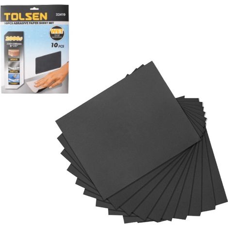 Lot de 10 feuilles de papier abrasif humide TOLSEN, 230x280mm, carbure de silicium, pour bois et métal