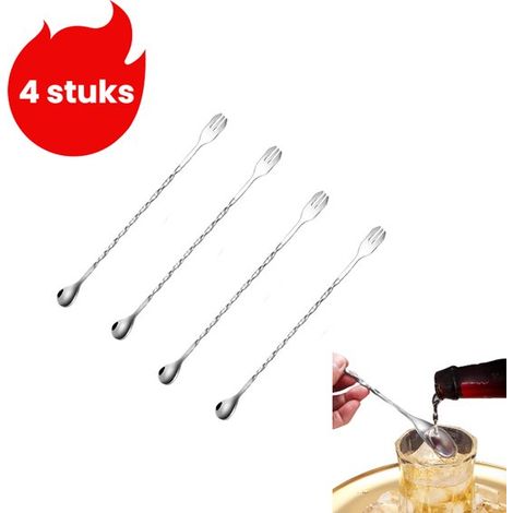 Bâtonnet mélangeur à long manche en acier inoxydable (4 pièces) - Cuillère à cocktail double tête - Argent (1/5)