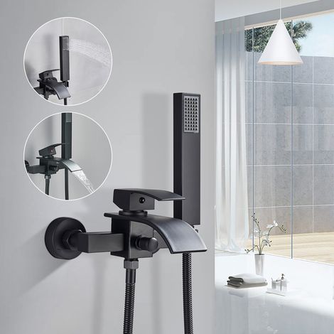 Suguword – Mitigeur de baignoire noir en laiton chromé – Douchette à main avec flexible – Valve en céramique anti-incrustation – Installation rapide