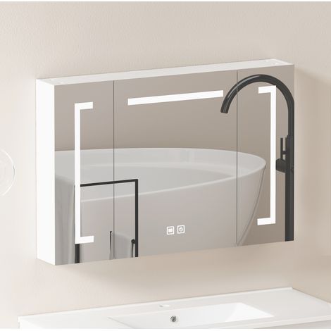 Mobile bagno pensile con specchio LED 90 cm moderno in MDF e vetro bianco, armadietto contenitore a parete (1/5)