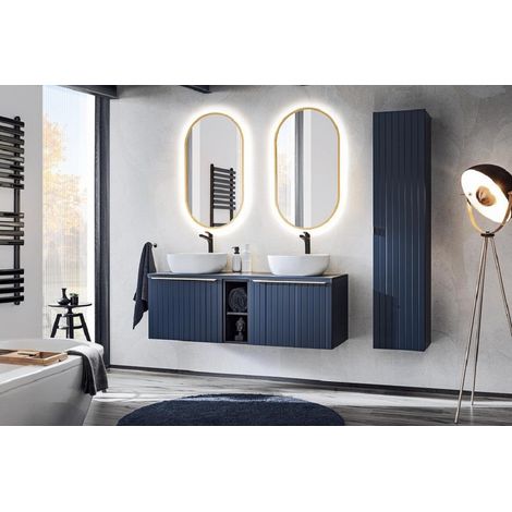 Meuble sous lavabo de salle de bain - Bleu indigo - L80-H46-P45,6 - KLAUS + Plan de vasque en bois CHÊNE BLEU SANTA FE L-80-P46-H2,5