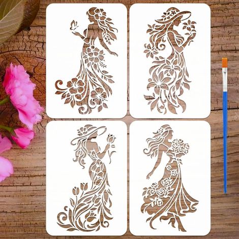 4 Pièces Pochoirs de Femme Florale avec un Pinceau 21x29,7cm Pochoir de Femme Fleur Gabarits de Dessin PET Réutilisables pour Peinture sur Bois Mur Sol Tissu Décor Artisanat (1/5)