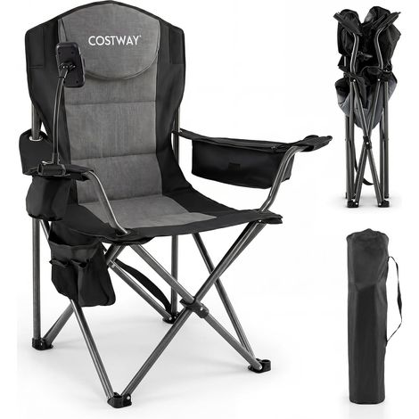 Chaise Pliante Camping, Charge 200 kg, Accoudoirs Réglables (Noir) Chaise de Pêche Portable, Sac Isotherme,Poche, Sac Transport, pour Plage Voyage (1/5)