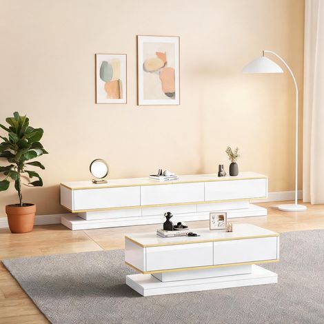 Meuble TV et table basse blanc laqué avec rangements (1/5)