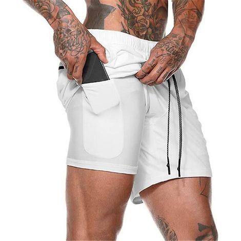 Homme Short de Sport 2-en-1 Running Fitness Léger Gym Yoga Entraînement Ceinture Taille L Blanc (1/5)