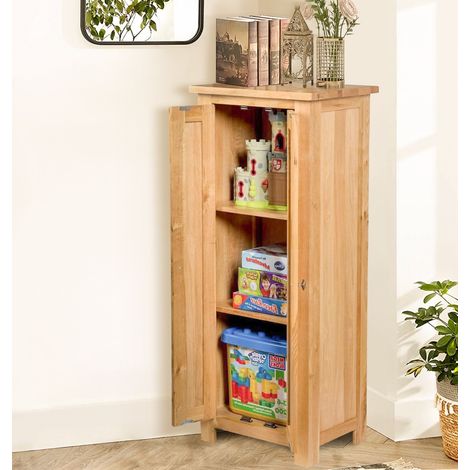 Hallowood Furniture Waverly Oak Cupboard, 2-Door Narrow Storage Unit with 2 Adjustable Shelves, Small Wooden Book Cabinet, Oak Furniture, Home Kitchen, Office or Hallway Cabinets (1/5)