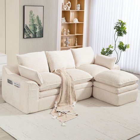 Canapé modulable 3 places beige en velours côtelé (pouf inclus), 2 poches, mousse 3 couches + ressorts à retour rapide pour salon et bureau