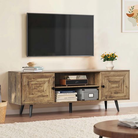 TV-Einheit, Ständer für Fernseher bis zu 65 Zoll, mit verstellbaren Regalen, Scheunentor-Imitat, rustikaler Stil, rustikale Eiche