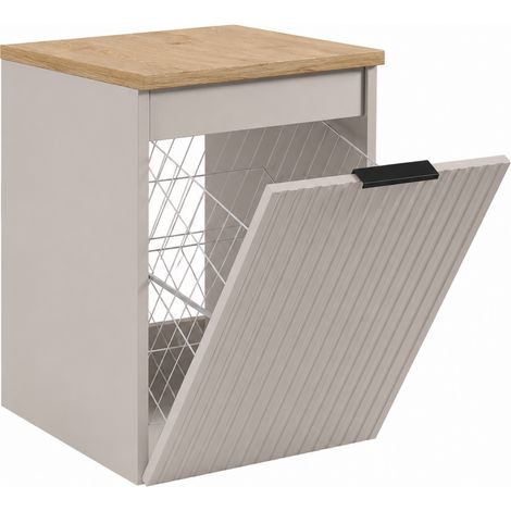 Mobile bagno sospeso 40 cm con cesto portabiancheria, 1 anta, frontali scanalati, Cashmere, maniglie nere, 40 x 46 x 58,6 cm (1/5)