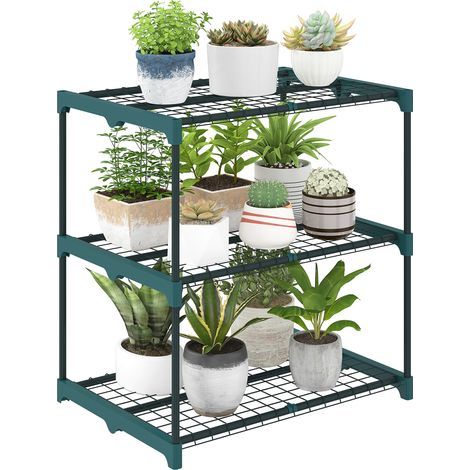 Support à plantes à 3 niveaux, 72 cm de hauteur, pour l'intérieur et l'extérieur, étagère en acier, vert foncé (1/5)