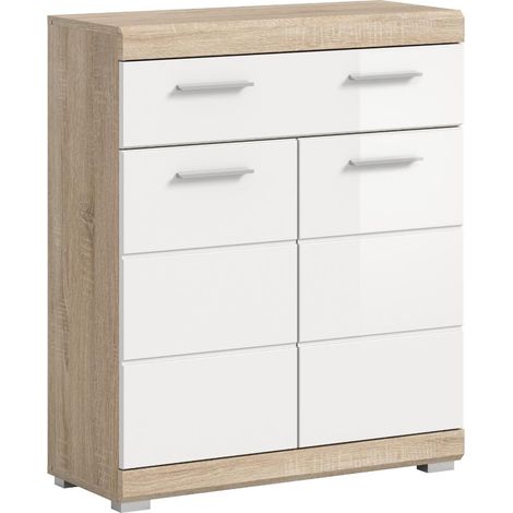Lambada Badschrank 2 Türen, 1 Schublade Weiß hochglanz, Eiche Dekor.