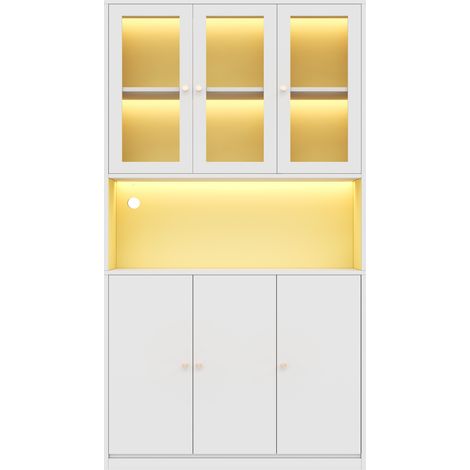 Meuble bibliothèque 100×35×200 cm avec portes vitrées et éclairage LED multicolore, rangement ouvert et 3 portes, blanc (1/5)