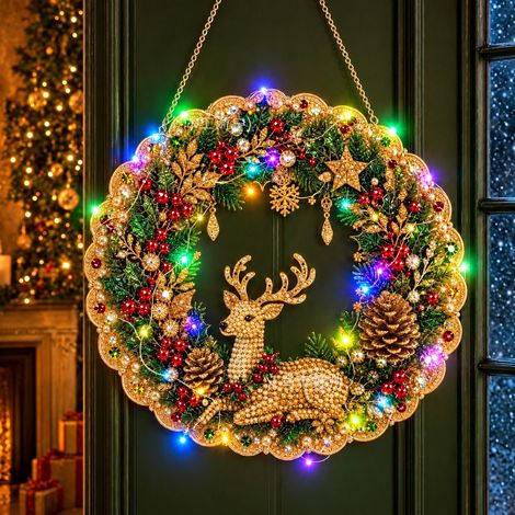 Tableau broderie diamant LED de Noël motif cerf avec perles réf 1817 150 g – Livraison gratuite