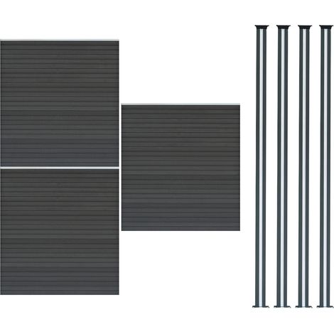 Kit Clôture 3 Panneaux Composite Plastique Gris 9 Lames à Emboîter 185 cm H x 526 cm L & 4 Poteaux en Aluminium à LED Solaires Texture de Bois Reversible PVC Brise-Vue Extérieur Jardin Mur d'Intimité