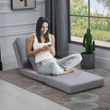 Sofá cama/sillón convertible, 1 plaza con 1 cojín y respaldo ajustable, gris claro.