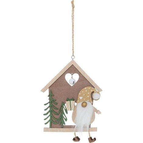 Sospensione a forma di abete con gnomo e casetta di legno, 14 cm - Feeric lights & christmas (1/2)
