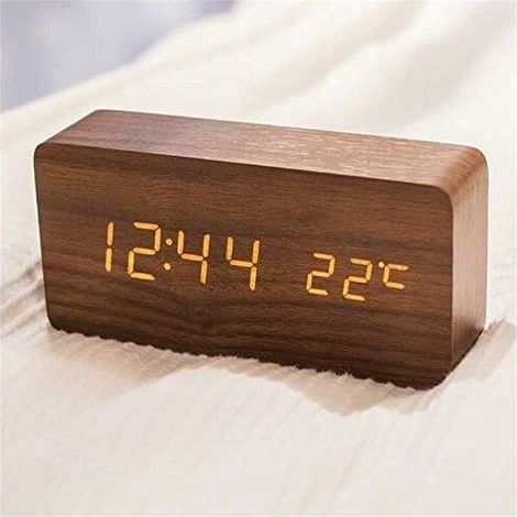 Modern Wooden Alarm Clock - LED Digital Wooden Alarm Clock, Desk Clock with Date, Temperature, and Humidity Display, 12/24 Hour Time - For Home, Bedroom, Office (Brown) - INHHUB (1/4)