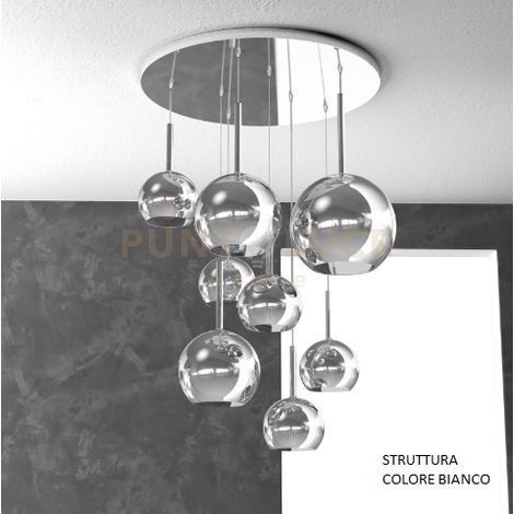 SOSP. BIANCO TONDA 8 LUCI VETRI (1 GRANDE+2 MEDIO +5 PICCOLO) TUTTI CROMO 1155BI-S8 TMIX-CR