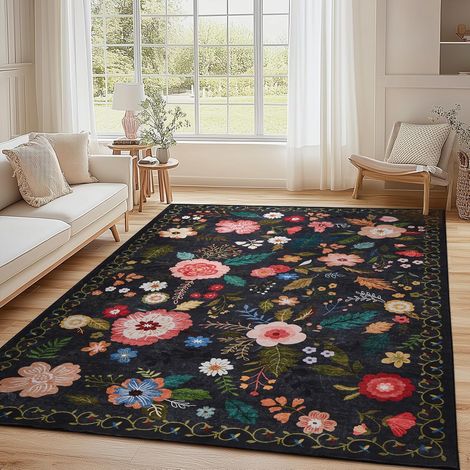 Tapis Salon - 140x200cm - Motif Floral Vintage - Antidérapant et Lavable - Pour Chambre et Bureau - Noir (1/5)