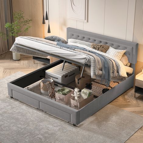 Cama doble canapé 180x200 cm, 2 cajones a pie de cama, cabecero tapizado con cenefa de rombos, canapé elevable hidráulico, somier de láminas, terciopelo, Gris (1/5)