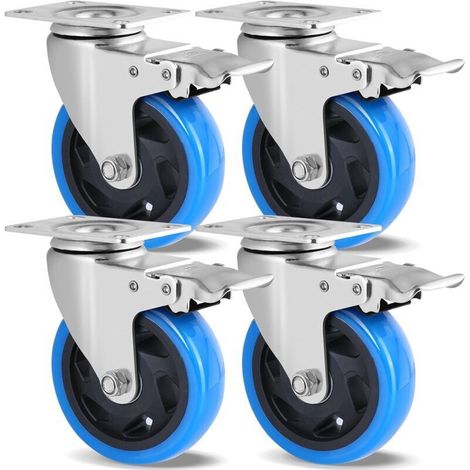 Schwerlast-Industrierollen, 4er-Set, mit Bremsen. 100-mm-Lenkrollen, 600 kg Tragkraft, 360° drehbar, geeignet für alle Bodenarten, Transportrollen. (1/4)